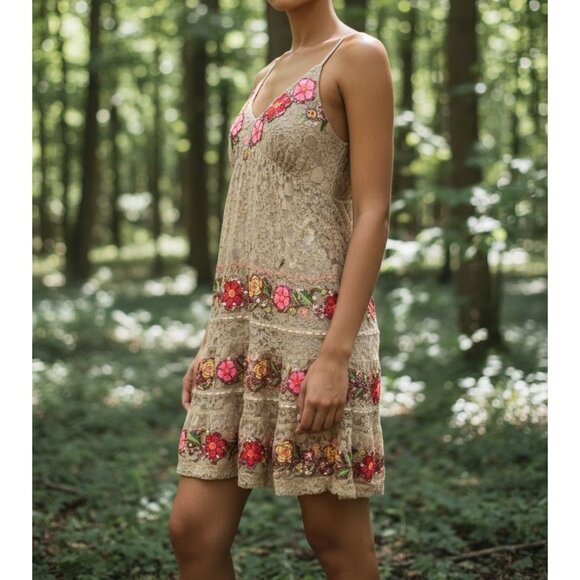 Antica Sartoria by Giacomo Cinque Mini Lace Floral Sequin Dress Boho Fairy XS/S - Picture 2 of 15